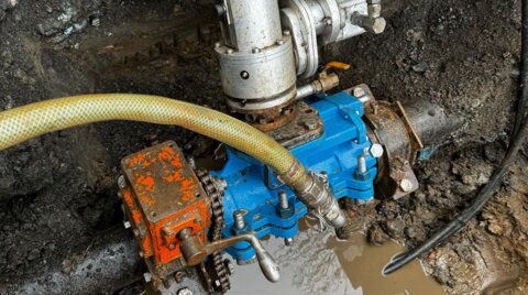 Side view of the EZ valve installation in progress, with the valve fitted onto a live main in a water-filled trench