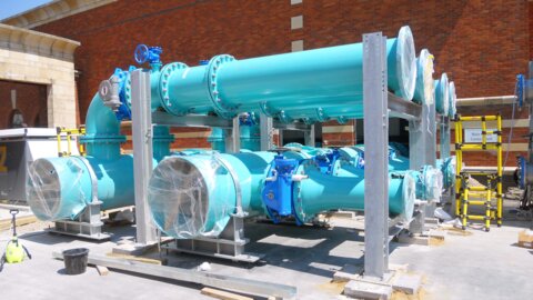 Large-diameter pipelines with butterfly valves installed at a water treatment works