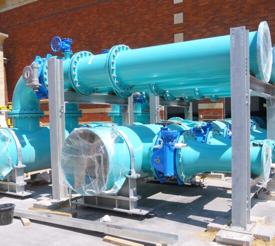 Large-diameter pipelines with butterfly valves installed at a water treatment works