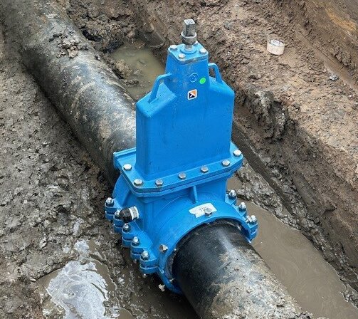 EZ Valve successfully installed under pressure on a live water network, shown within an on-site excavation