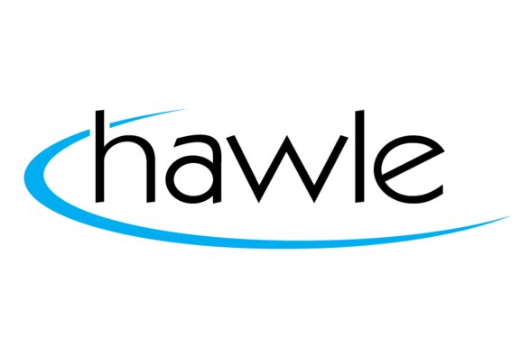 Logo of Hawle Austria Group with black writing and a blue curved line