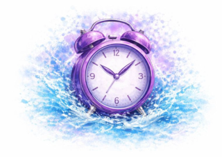 Illustration of a purple clock emerging from splashing water symbolising rapid response and always on service