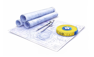 Illustration of rolled engineering drawings with measuring tape and drafting tools representing bespoke pipeline design and planning